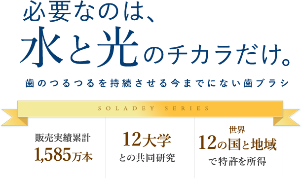 必要なのは、水と光のチカラだけ。歯のつるつるを持続させる今までにない歯ブラシ SOLADEY SERIES 販売実績累計1,585万本 12大学との共同研究 世界12の国と地域で特許を取得